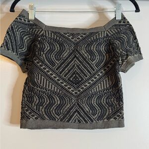 Bebe Black and Gray Off Shoulder Crochet Crop Top